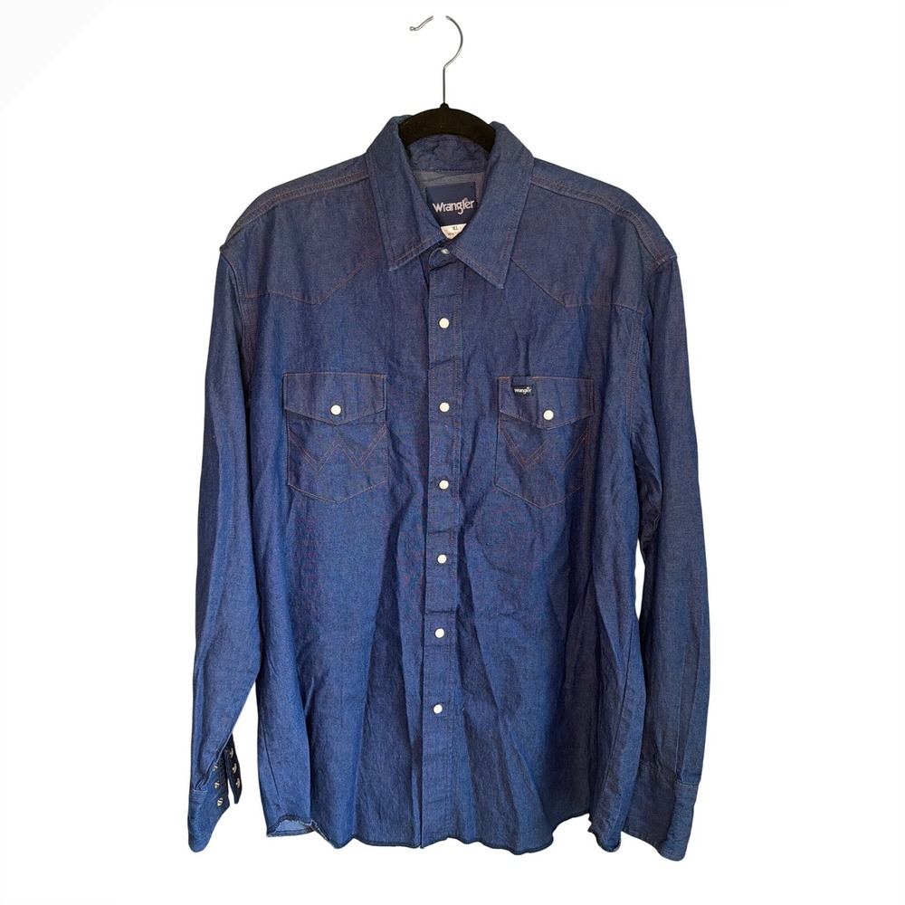 Vintage Y2K Wrangler Mens Long Sleeve Blue Denim Western‎ Pearl Snap Shirt XL